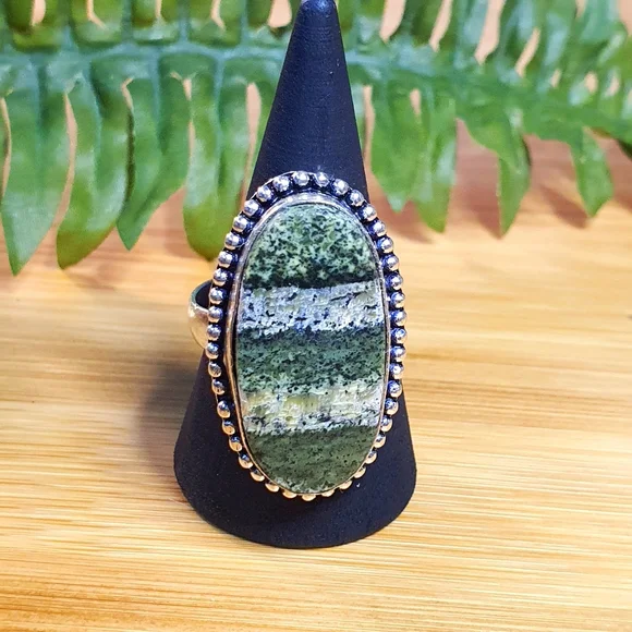 Chrysotile Serpentine Tumblestone 925 Sterling Silver Plated Ring Size 8.5 - Picture 1 of 9